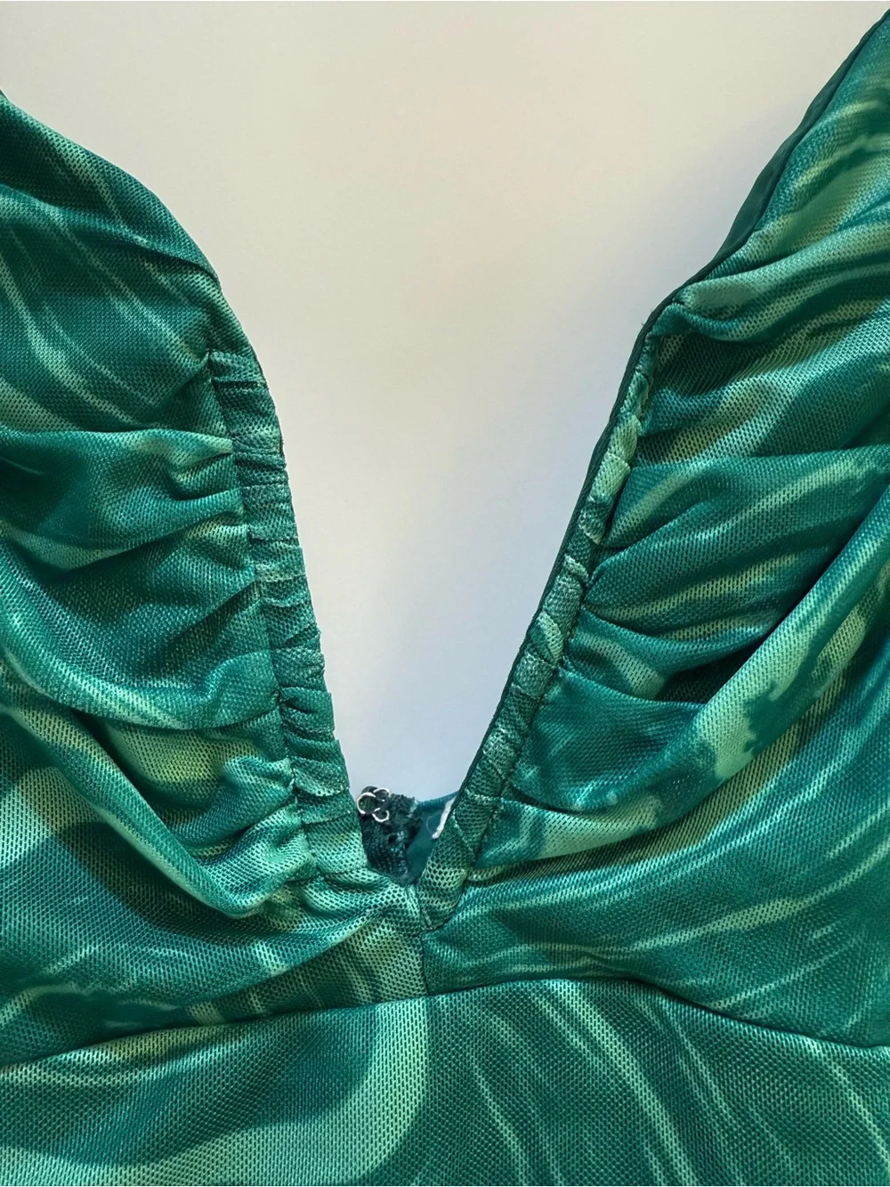 Luxxel Green Marble-Print Mini Dress with Bishop Sleeves